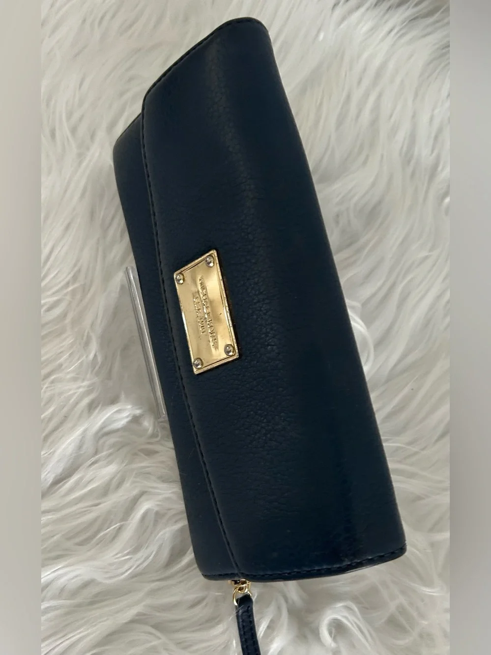 Michael Kors Navy Pebbled Leather Continental Wallet Zip Around Clutch Gold Logo